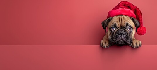 Playful puppy in festive hat peeking from behind blank banner, creating a cute and charming scene