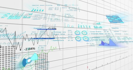 Image of financial data processing over grid on white background