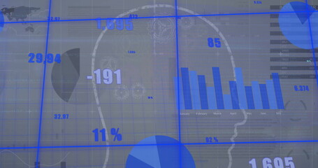 Image of financial data processing over grid on dark background