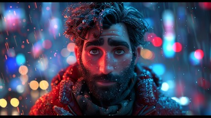3D cartoon man with a beard on a city rooftop at night, twinkling lights background - obrazy, fototapety, plakaty