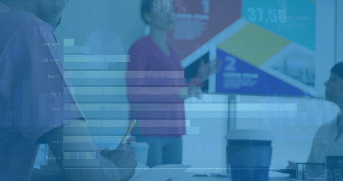 Image of financial data processing over diverse colleagues having meeting in office