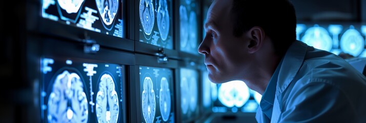 In a dimly lit room, a medical professional observes multiple brain scans, potentially diagnosing a patient's condition - obrazy, fototapety, plakaty