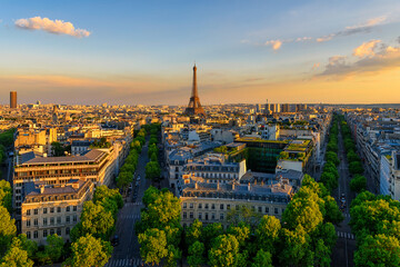 Skyline of Paris with Eiffel Tower in Paris, France. Panoramic sunset view of Paris - 785498392