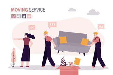 Moving service. Two loaders carrying sofa, woman client indicates place where to put it. Moving to new house. Things, clothes, furniture and household items. Relocation concept.