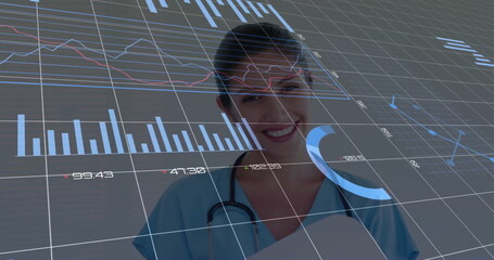 Image of data processing over biracial female doctor - Powered by Adobe