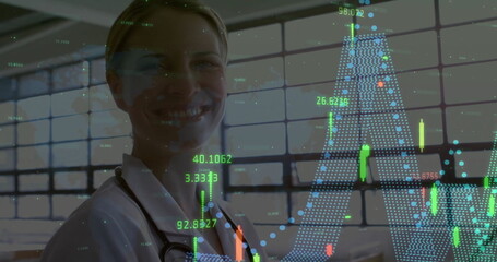 Image of data processing over caucasian female doctor