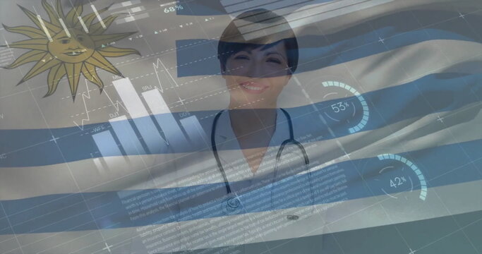 Image of financial data processing and flag of uruguay over caucasian female doctor - Powered by Adobe