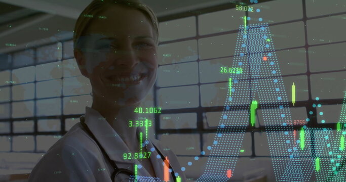 Image of data processing over caucasian female doctor