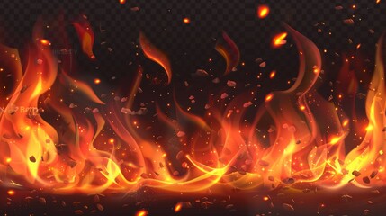 Embers and burning cinders fly up to the sky in a modern realistic fire effect, from a blacksmith shop or hell, isolated on transparent background.