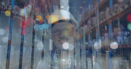 Image of data processing over smiling man working in warehouse shipping centre