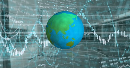 Spinning globe icon over stock market and financial data processing against empty office