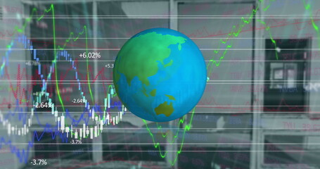 Spinning globe icon over stock market and financial data processing against empty office