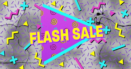 Image of flash sale text over triangle and abstract shapes background