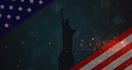 Image of american flag revealing statue of liberty and tiny glowing particles falling - obrazy, fototapety, plakaty