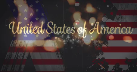 Rolgordijnen Centraal-Amerika  Image of glowing fireworks and united states of america text over american flag