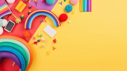 Top view of colorful rainbow, confetti, stationery and smartphone on yellow background