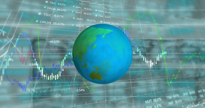Spinning globe icon over stock market and financial data processing against empty office