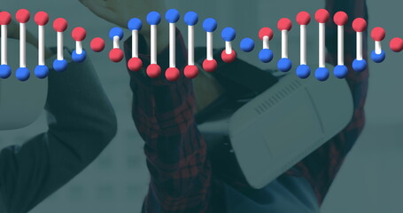 Image of spinning dna strand over kids wearing vr headsets