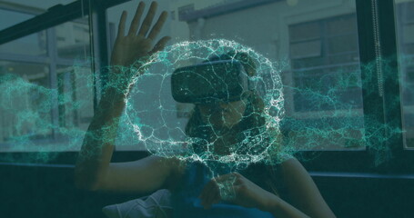 Image of human brain and network of connections over woman wearing vr headset