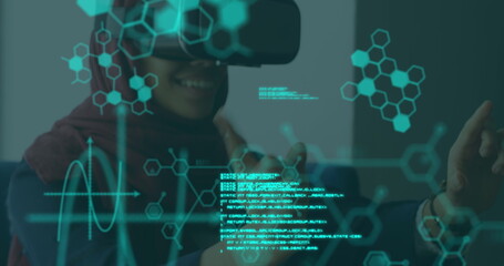 Image of chemical compounds and medical data processing over woman wearing vr headset - Powered by Adobe