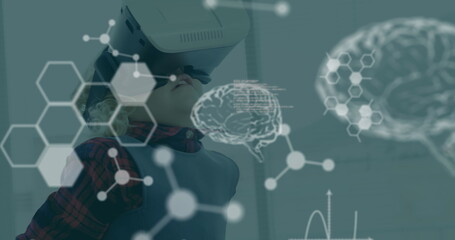 Image of chemical compounds and medical data processing over boy wearing vr headset