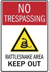 Snake warning sign no trespassing. Rattlesnake area keep out
