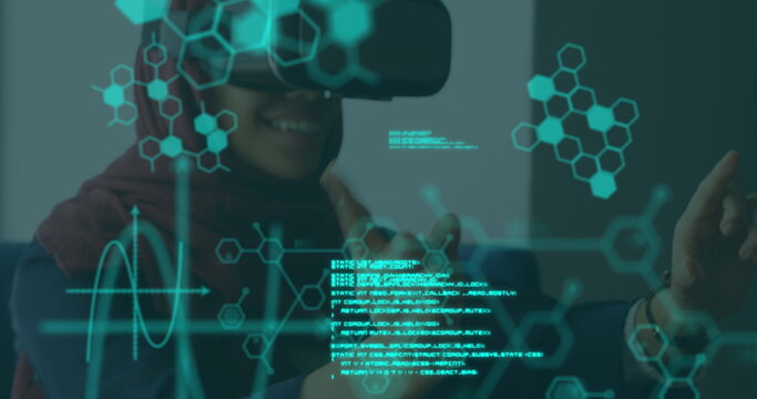 Image of chemical compounds and medical data processing over woman wearing vr headset