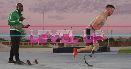 Image of level up text with biracial athlete with prosthetic leg running - Powered by Adobe