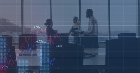 Image of financial data processing over diverse business people talking