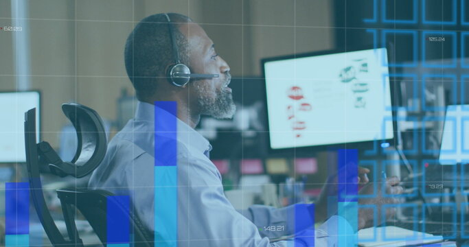 Image of financial data processing over african american businessman using phone headset - Powered by Adobe
