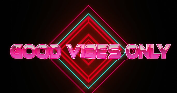Image of good vibes only text with shapes over black backround - Powered by Adobe