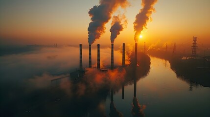 Industrial Dawn: Smokestacks Amidst a Smoggy Sunrise. Concept Industrial Design, Atmospheric Pollution, Urban Landscapes, Environmental Impact, Sunrise Photography