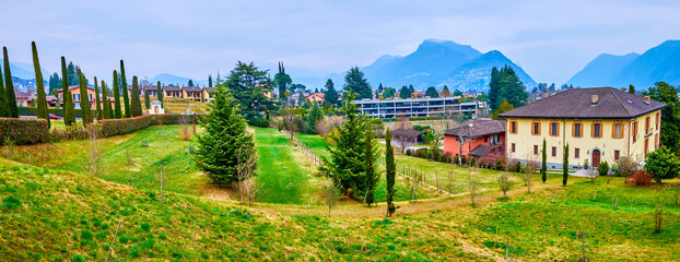 Panorama of the gardens of St Abundius complex, Collina d'Oro, Switzerland