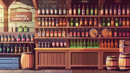 A modern cartoon interior of an alcoholic drinks market with bottles of wine, beer, whiskey, shelves and barrels.