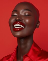 A woman with a shaved head and red lips.