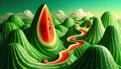 Watermelon Mountain Landscape with Miniature Figures