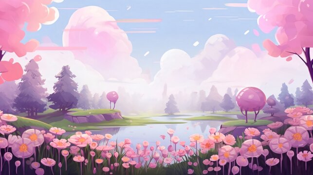 Fantasy landscape with lake and pink flowers. 3D illustration.