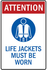 Wear life jacket warning sign life jackets must be worn