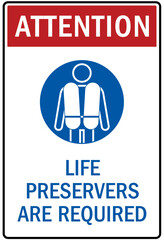 Wear life jacket warning sign life preservers are required