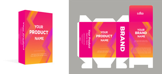 product packaging design template with 3d mockup example. Healthy, modern, milk gradient, Box packaging, labeling, die line, die-cut, alignment line vector eps. - obrazy, fototapety, plakaty