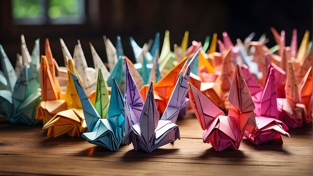 A photorealistic depiction of vibrant (((origami paper cranes))) meticulously lined up on a wooden surface, showcasing the intricate art of paper folding in an array of vivid colors. The image capture