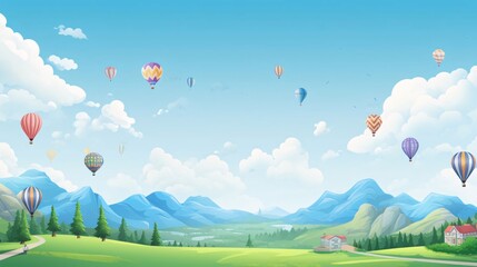 Landscape with hot air balloons flying in the sky. Vector illustration.