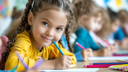 portrait of Young schoolgirl with Braids sitting and study in Classroom in Elementary School. Back to school and education concept
