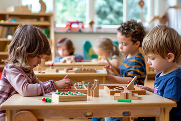Preschool Children playing with Wooden Toys at Kindergarten. Back to school and education concept