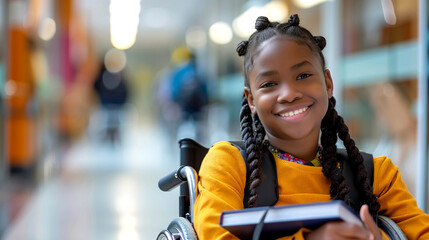 Happy African American Schoolgirl in Wheelchair Holding a Book in School Corridor