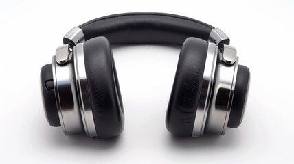 Black wireless headphones on white background.