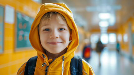 Smiling schoolboy in Yellow Hoodie and backpack Ready for back to School in Hallway