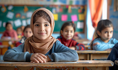 middle east Young schoolgirl in Hijab sitting and smiling at desks in a classroom