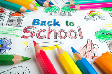 Colorful Hand-Drawn 'Back to School' Illustration with Crayons and Childlike Artwork