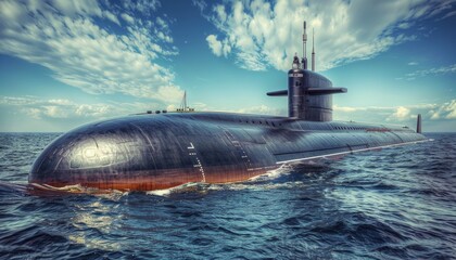 Military nuclear submarine launching torpedo missile in open sea military operation